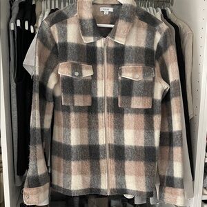 Reiss Plaid Zip-Front Shacket in Taupe & Cream